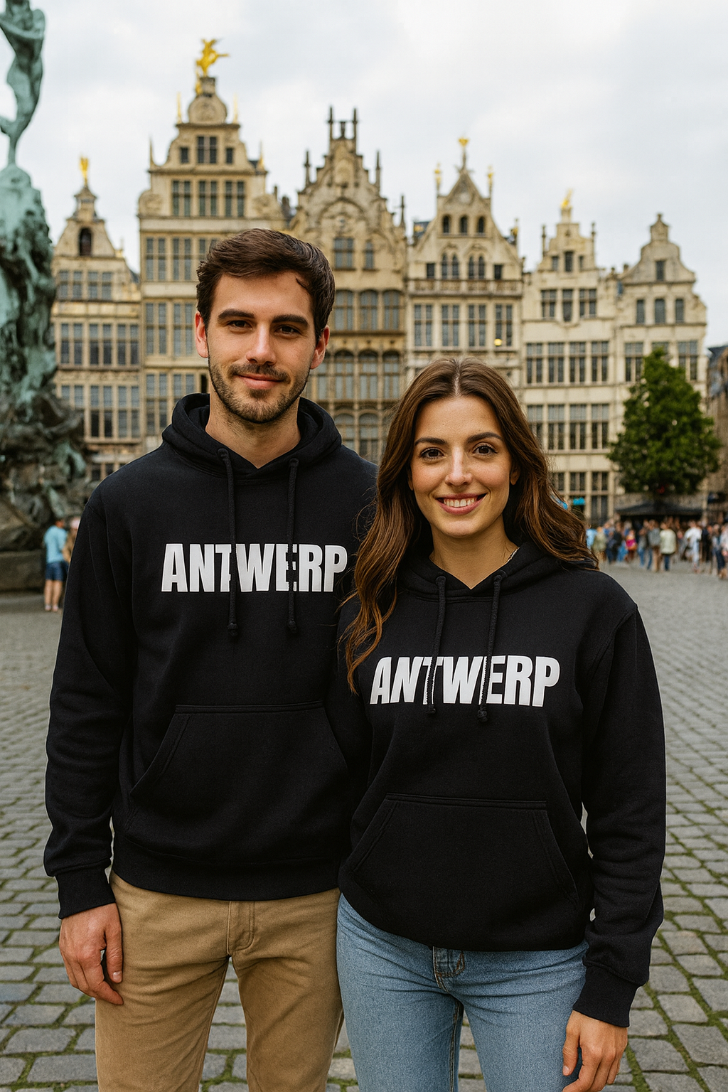 Een man en een vrouw dragen zwarte hoodies met het witte logo 'ANTWERP 1880' op de Grote Markt in Antwerpen, met historische gevels op de achtergrond